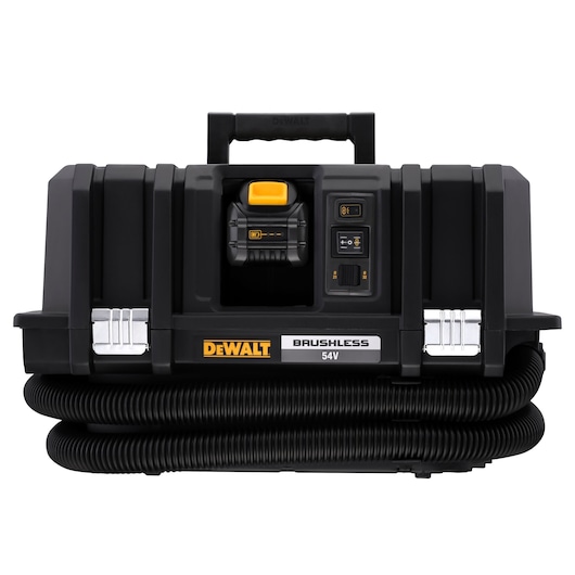 DEWALT 54V brushless portable vacuum with handle, hose, and control panel on front. Black with yellow accents.