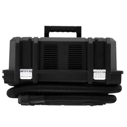 Black portable vacuum with hose wrapped around, carrying handle and silver clasps on front.