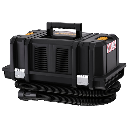 Black portable DEWALT vacuum unit with a handle and hose wrapped around the base, suitable for workshop or job site use.