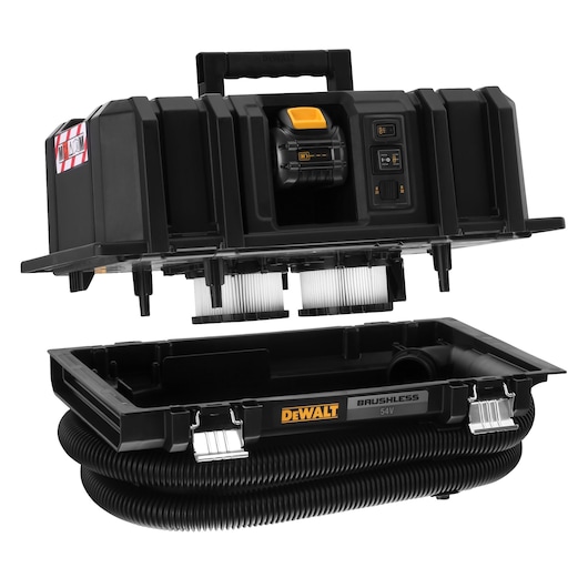 DEWALT DCV586MT2 brushless 54V black portable vacuum with hose and open lid showing filters.