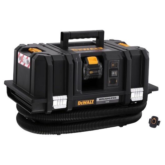 DEWALT 54V brushless vacuum cleaner with hose and remote control shown in black and yellow design.