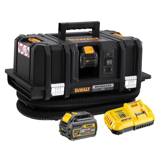 DEWALT DCV586MT2 brushless 54V vacuum kit with battery and charger displayed on white background.