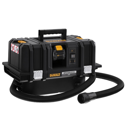 DEWALT 54V brushless portable vacuum with hose, handle, and control panel. Designed for jobsite dust collection.