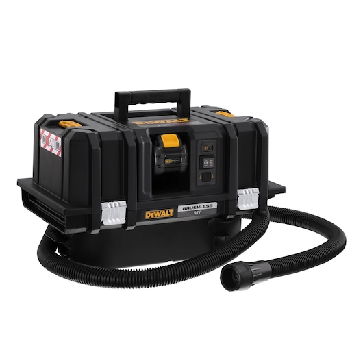 DEWALT 54V brushless portable vacuum with handle, hose, and control panel, designed for workshop or jobsite use.