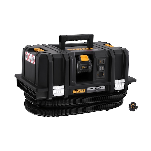 DEWALT brushless 54V portable dust extractor with hose, handle, and control buttons.