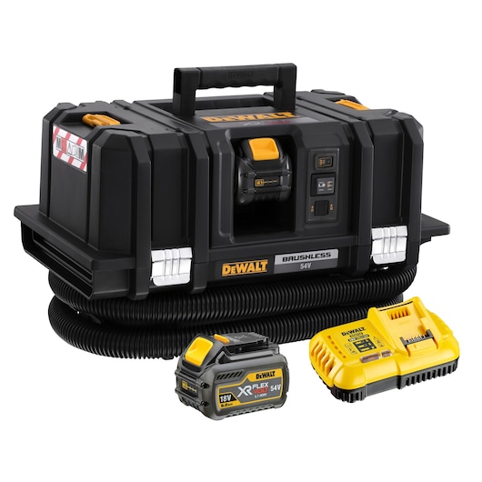 A DEWALT 54V brushless portable dust extractor with a black and yellow design, shown with a flexible hose, detachable battery pack, and battery charger placed in front.