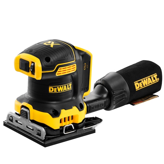 DEWALT DCW200NT black and yellow cordless sander with dust collection bag, shown in close-up.
