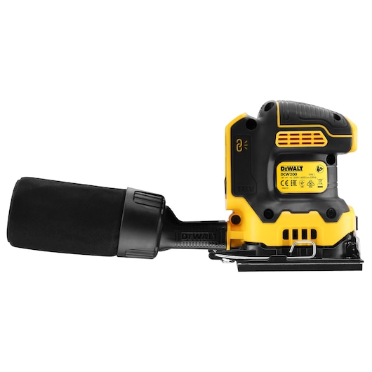 DEWALT DCW200NT yellow cordless sander with black dust bag, side profile, against white background.