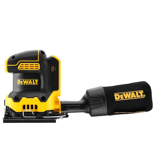DEWALT cordless sander with dust bag, yellow and black, side view on white background.