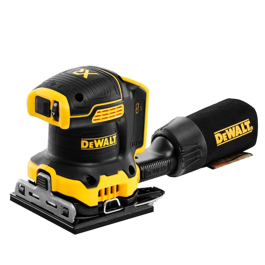 DEWALT DCW200NT cordless sander, black and yellow with dust bag, shown on white background.