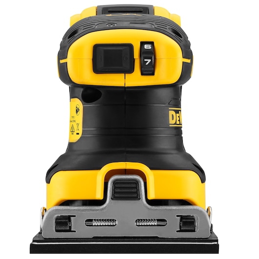 Front view of a DEWALT DCW200NT sander with yellow and black design and visible speed settings.