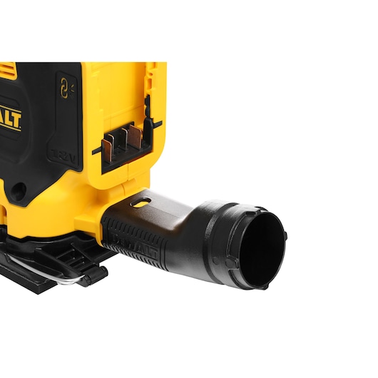 Close-up of a DEWALT tool connector part, showing the black and yellow attachment point and battery slot.