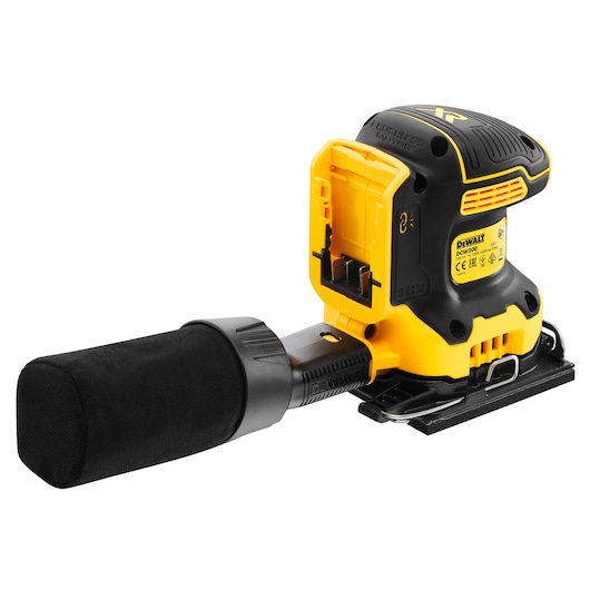 DEWALT DCW200NT cordless sander with dust bag, shown without battery, on a white background.