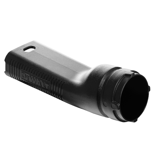 Black DEWALT vacuum adapter attachment with ridged grip and circular opening, shown on a white background.