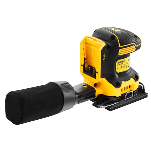 DEWALT DCW200N cordless sander with dust bag, shown in black and yellow, battery slot visible.