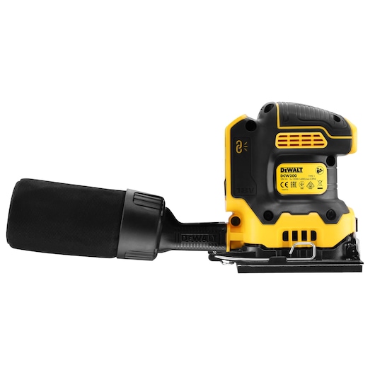 DEWALT DCW200N cordless sander with dust bag, shown in yellow and black on a white background.