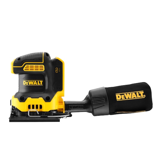DEWALT cordless sander with dust bag, shown in yellow and black on a white background.