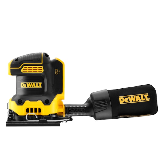 DEWALT DCW200P2 cordless sander in yellow and black, shown with attached dust bag.