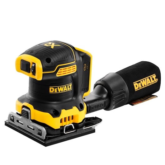 DEWALT 18V cordless sander with dust bag, black and yellow, shown angled on white background.