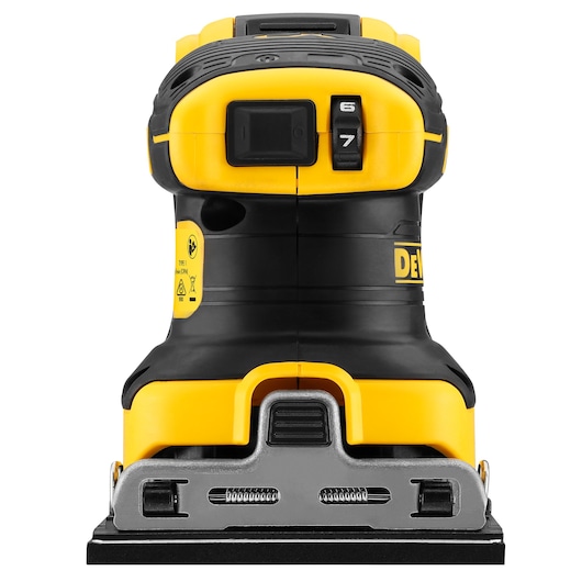 Front view of a DEWALT DCW200P2 cordless sander in yellow and black, showing controls and sanding base.