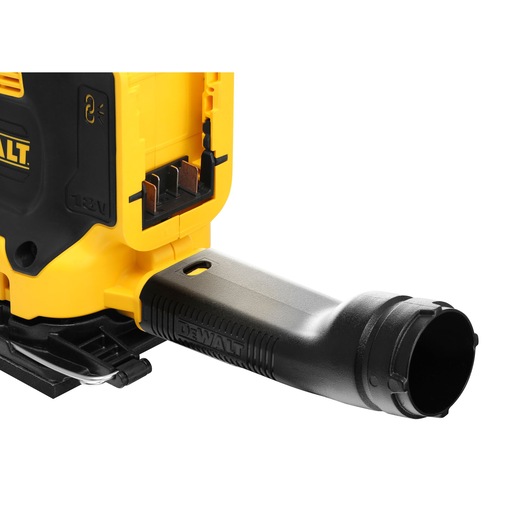 Close-up of DEWALT tool showing battery slot and dust extraction attachment.