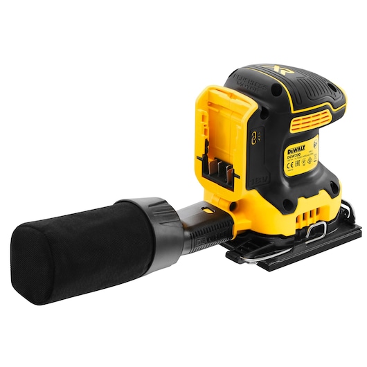 DEWALT DCW200P2 cordless sander with dust bag, shown without battery, in yellow and black color.