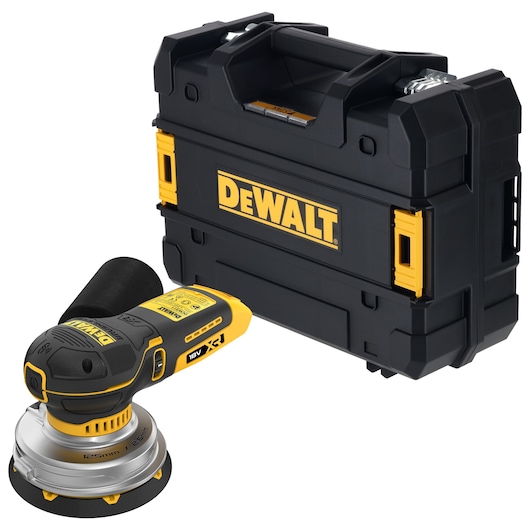 DEWALT cordless random orbital sander 18V XR with black storage case.