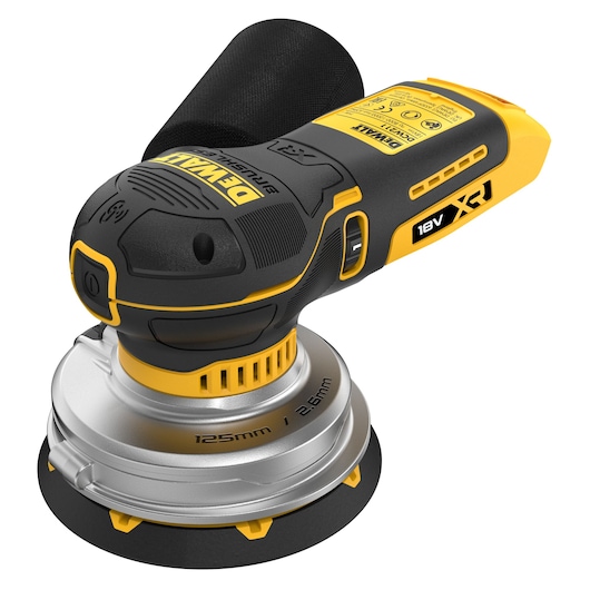 DEWALT cordless random orbital sander, black and yellow, 18V XR, with dust bag attached.