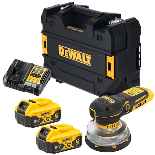 DEWALT cordless sander kit with two 18V batteries, charger, and hard carrying case.