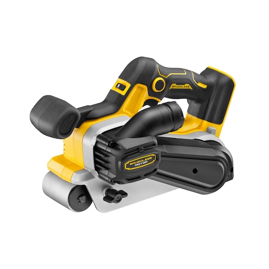 Yellow and black DEWALT cordless belt sander with brushless motor, shown on a white background.