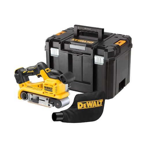 DEWALT cordless belt sander with dust bag and robust black storage case shown on a white background.