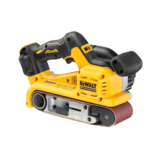 DEWALT cordless belt sander with brushless motor, yellow and black design, shown with sanding belt attached.