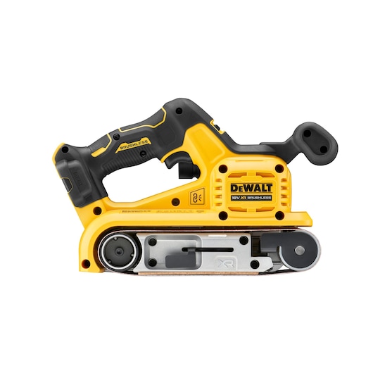DEWALT 18V cordless belt sander in yellow and black with ergonomic handle, shown from the side.