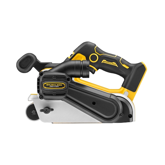 DEWALT cordless brushless belt sander, yellow and black, side view on white background.