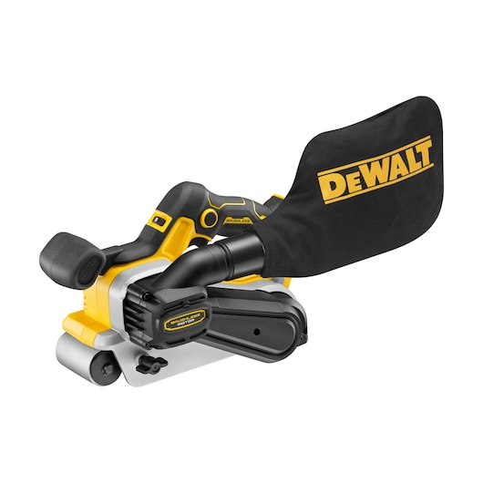 DEWALT cordless belt sander with dust collection bag, yellow and black, shown against a white background.
