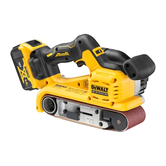 DEWALT cordless belt sander, yellow and black, with 18V XR battery for sanding wood or surfaces.