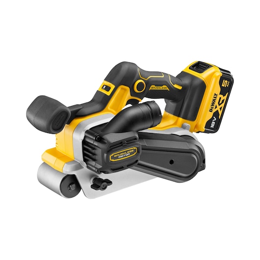 DEWALT cordless belt sander with brushless motor, ergonomic handle, and 18V XR battery, shown on a white background.
