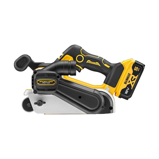 DEWALT DCW220P2 cordless belt sander with brushless motor and 18V battery, yellow and black design.