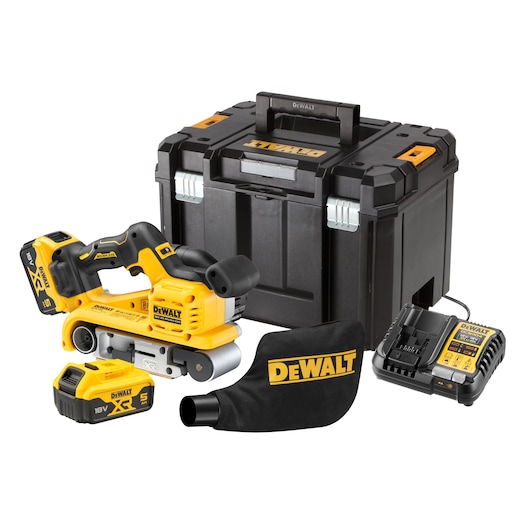 DEWALT cordless belt sander kit with batteries, charger, dust bag, and a sturdy black carrying case.