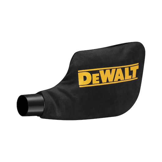 Black DEWALT dust bag attachment with yellow logo, designed for collecting dust from power tools.