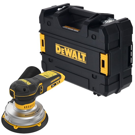 DEWALT cordless sander and carrying case, black and yellow, shown together on a white background.