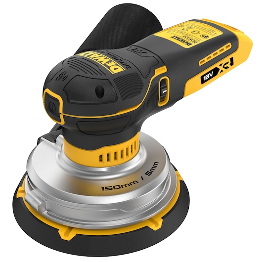 DEWALT cordless random orbital sander, 18V XR, 150mm pad, black and yellow design, shown at an angle.