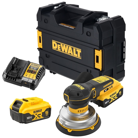 DEWALT cordless sander set with battery, charger, and carrying case, all in black and yellow.