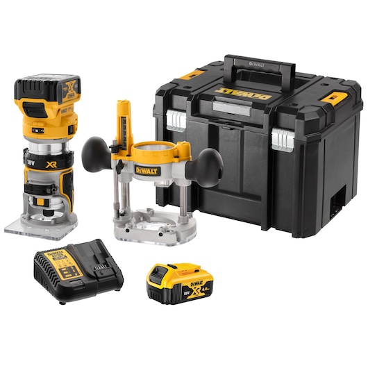 DEWALT DCW604P2 router kit with router, base, battery, charger, and storage case.