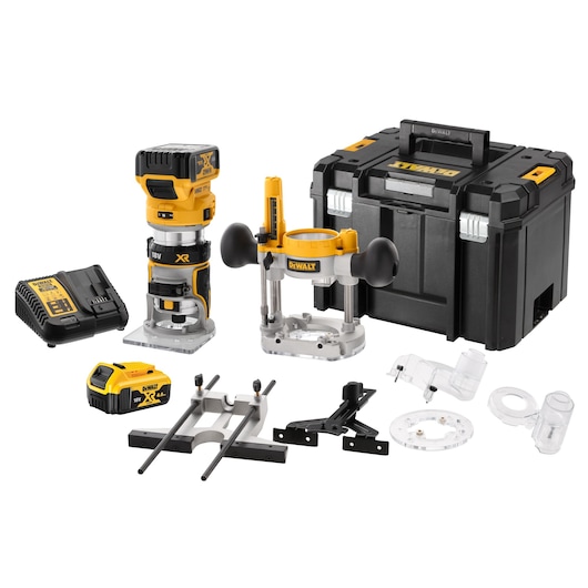 DEWALT router kit DCW604P2 with router, accessories, battery, charger, and storage case displayed.
