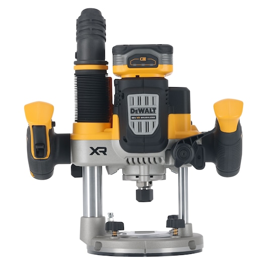 Front view of a DEWALT DCW620H2 18V XR Brushless router with yellow and black accents, showing two handles, a dust extraction port, and metal base.