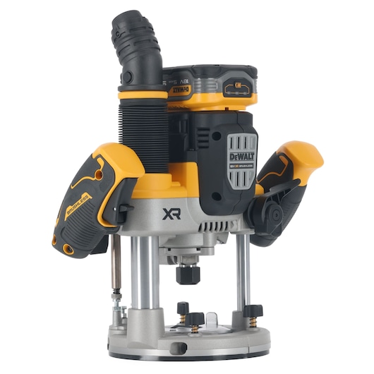 A DEWALT cordless XR brushless plunge router, model DCW620H2, featuring yellow and black color with ergonomic handles, a dust extraction port, and adjustable base, designed for woodworking.