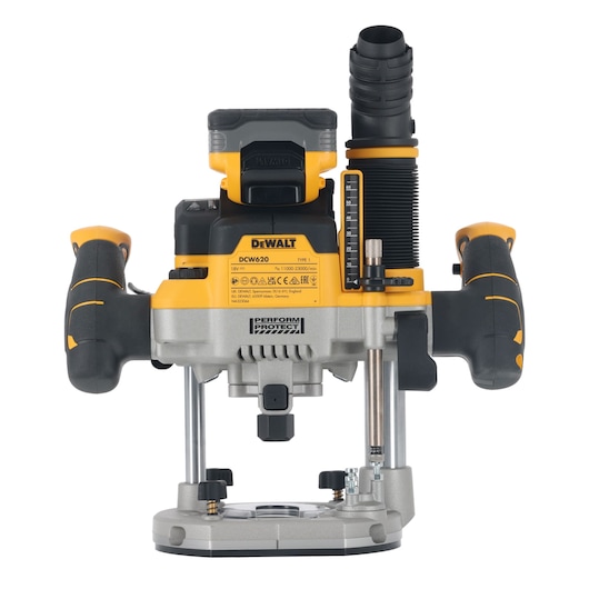 Front view of a DEWALT DCW620H2 18V cordless plunge router with dual side handles, depth adjustment scale, and dust extraction attachment. The tool is mainly black and yellow with a silver base.