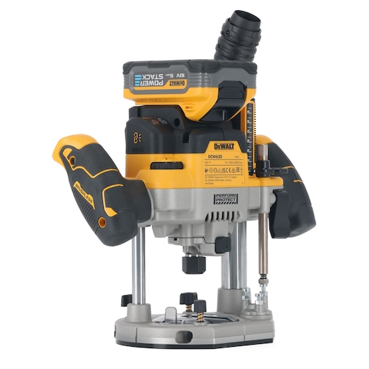 DEWALT DCW620H2 cordless plunge router, shown upright against a white background. The tool features a yellow and black ergonomic design, visible battery pack, and adjustment knobs for precision woodworking.