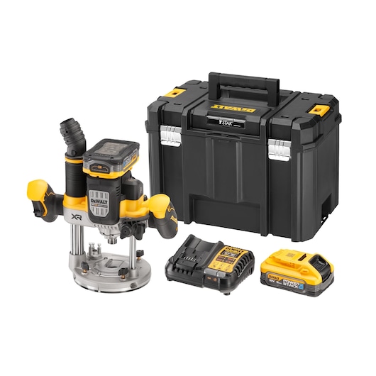 DEWALT router kit with router, battery, charger, and black storage case.